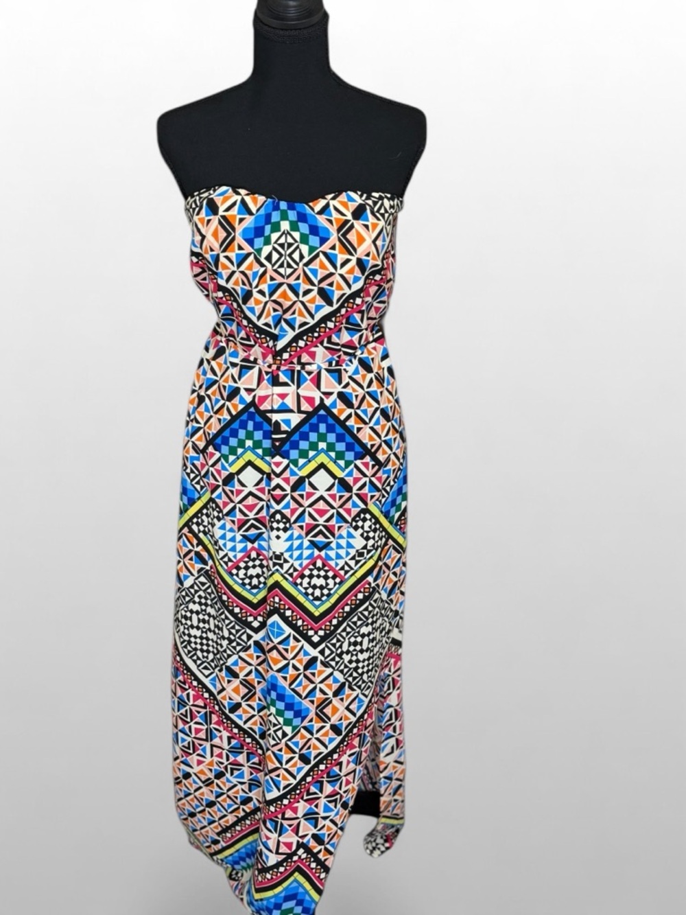 Strapless Boho Maxi Dress Womens L Colorful Geometric Slit Festival Summer